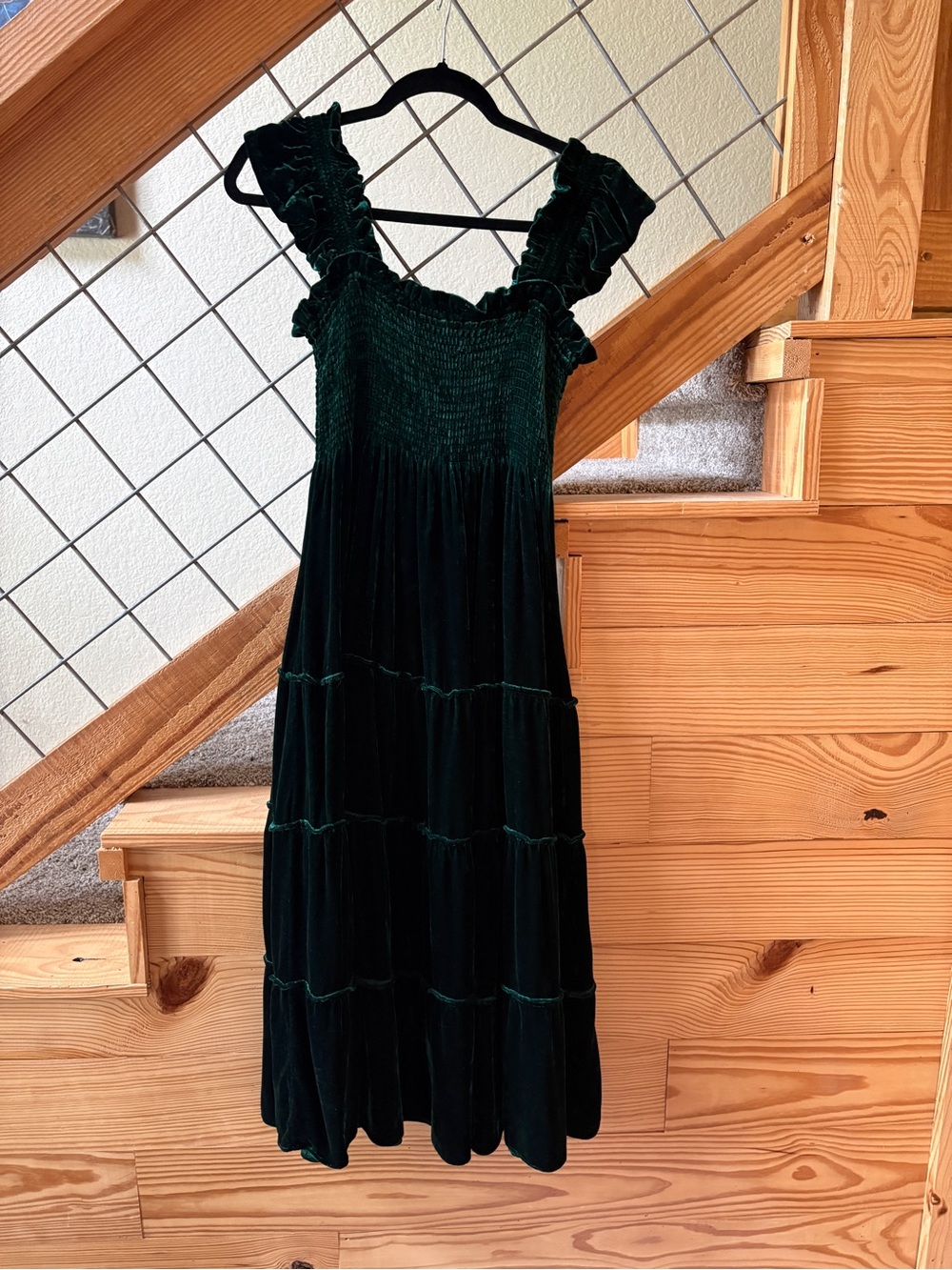 Hill House Forest Green Velvet Ruffle Strap Maxi Dress